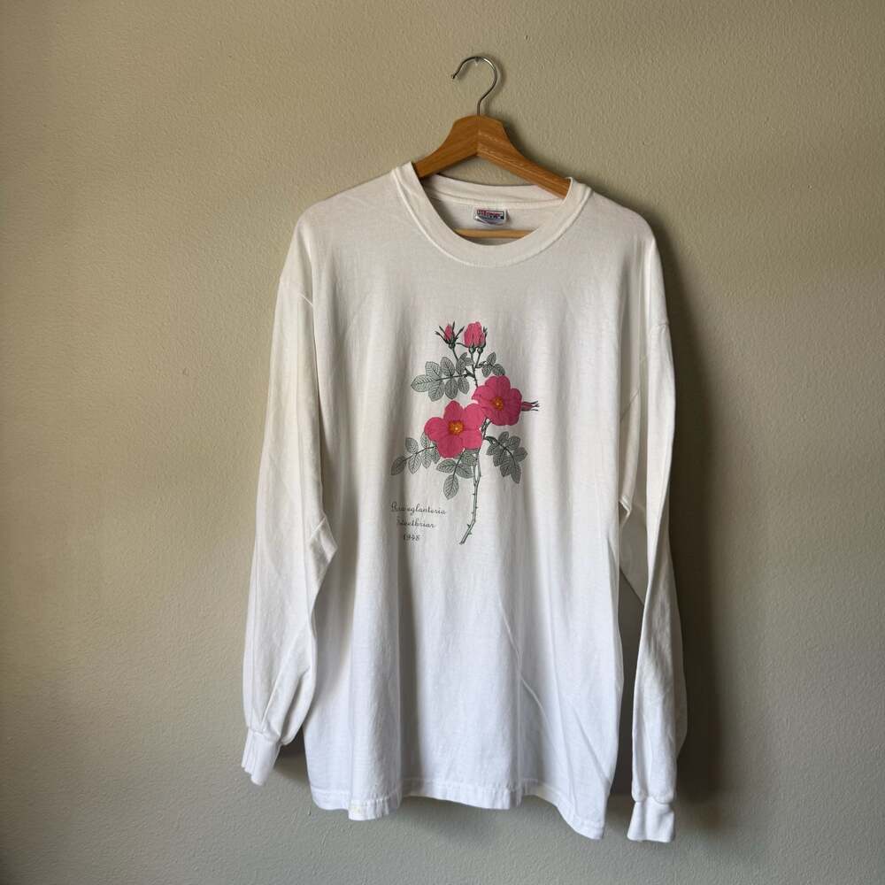 Vintage 90s Hanes Beefy-T Wild Rose Botanical Floral Long Sleeve Shirt L